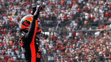 Sports gif. Formula one driver in a Red Bull helmet and jumpsuit raises their fists in the air and shakes them around as they lower their head. There are bleachers in the background filled with hundreds of people.