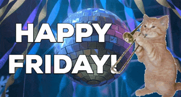Digital art gif. A disco ball slowly revolves in the back and a kitten playing the trumpet is next to it. Text, "Happy Friday!"