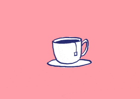 Illustrated gif. Small tea cup on a small plate with tea bag steeping inside the cup on a pink background.