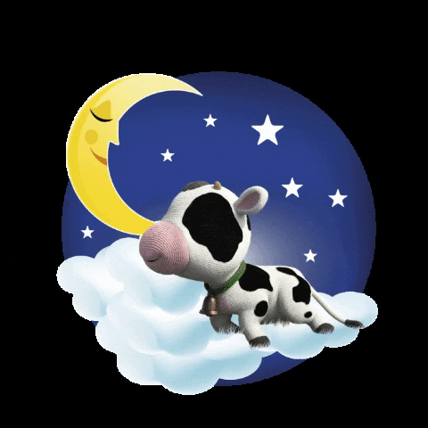3D animated gif. Black and white cow stuffie floats in a cloud under a sleeping crescent moon and stars against a blue and black background. Zs emerge from the sleeping cow's mouth. 