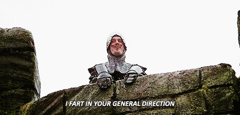 Gif of John Cleese as the French knight in Monty Python and the Holy Grail looking over a parapet and saying "I fart in your general direction." 