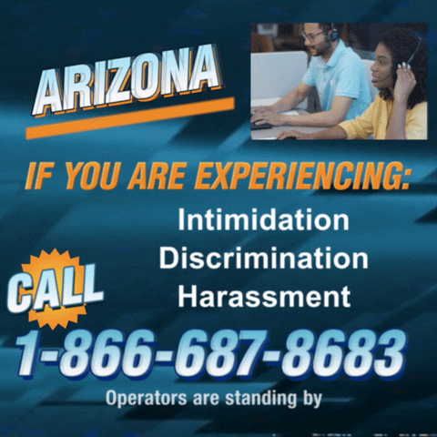 Text gif. Against a dark blue background that looks like a retro 1990s infomercial with a small video in the top right corner that shows two operators high-fiving. Text, “Arizona, if you are experiencing intimidation, discrimination, harassment, call 1-866-687-8683. Operators are standing by.”