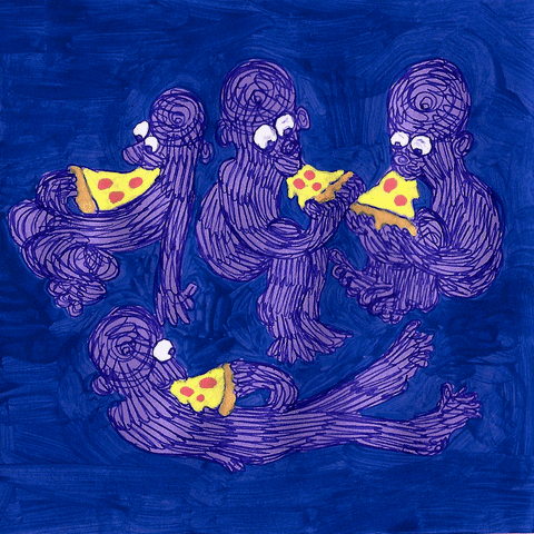 Illustrated gif. Four blue scribbly characters appear to sit in a group against a vibrating blue background, each of them chewing on slices of pepperoni pizza.