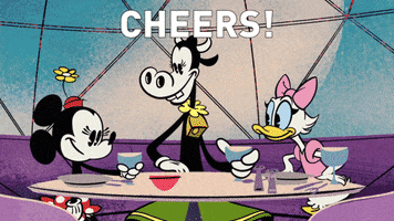 Disney gif. Clarabelle, Minnie, and Daisy in The Wonderful Summer of Mickey Mouse. The three are on a girls date and they sit at a table while clinking glasses, smiling happily. Text, "Cheers!"