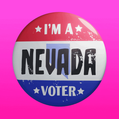Digital art gif. Round red, white, and blue button featuring the shape of Nevada spins over a pink background. Text, “I’m a Nevada voter.”
