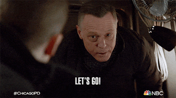 TV gif. Stooped in the back of a van, Jason Beghe as Hank from Chicago PD shouts: Text, "Let's go!"