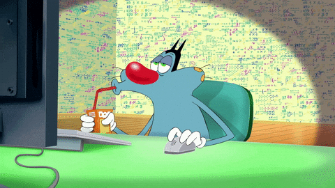 Oggy browsing something on the web while drinking something in a cup and using the mouse by other hand in a really cool way
