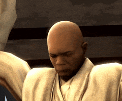 Digital art gif. Mace Windu from Star Wars has his eyes closed and breathes in while moving his head up. He then starts shaking violently, his eyes bulging out of his head, and he screams.
