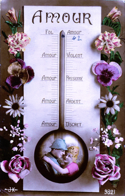 Video art gif. Couple looking lovingly into each other's eyes appears in the bulb of a thermometer. Red and purple hearts bubble up from the image indicating their love is rising. In French the temperature values start at "Amour discret" and grow to "Fol amour". Flowers surround the image. 