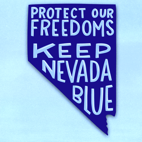 Digital art gif. Royal blue graphic of the state of Nevada on an icy blue background, glossy marker font within. Text, "Protect our freedoms, keep Nevada blue."
