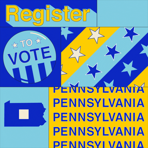 Digital art gif. Collage of yellow and blue boxes features the shape of Pennsylvania with a box being checked, several colorful stripes filled with stars, and a “Vote” button that dances back and forth. Text, “Register to vote Pennsylvania.”
