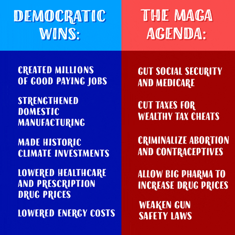 Text gif. Two lists, the blue one on the left reads, "Democratic wins, Created millions of good paying jobs, Strengthened domestic manufacturing, Made historic climate investments, Lowered healthcare and prescription drug prices, Lowered energy costs," each article punctuated with a blue star. The pink one on the right reads, "The Maga agenda, Cut social security and Medicare, Cut taxes for wealthy tax cheats, Criminalize abortion and contraceptives, Allow big pharma to increase drug prices, Weaken gun safety laws," each article punctuated with a red X.