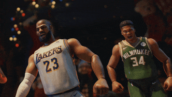 3D animated gif. Digitized Giannis Antetokounmpo and Lebron James take a confident step forward like they're giants walking onto the court. Kevin Durant claps for them in the background. 