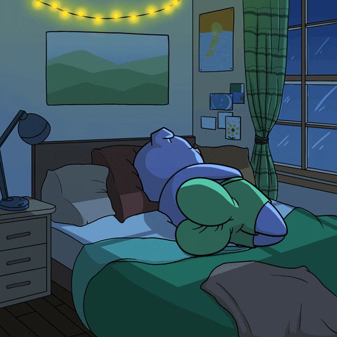 Cartoon gif. Chubby blue pig wearing green pajamas sleeps with its back turned away from us towards a bedroom window. The only movement comes from the pig's prominent butt cheeks that clap together up and down in a continuous loop like its butt is slow clapping for you.  