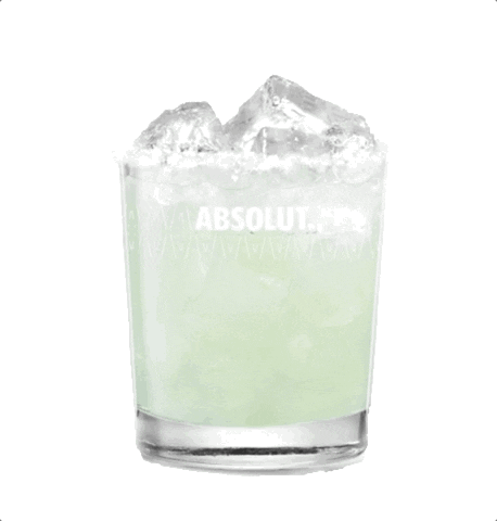 Ad gif. Light-mint-colored drink on the rocks in an Absolut glass. Digital red kiss mark with "XOXO" appears on the glass.