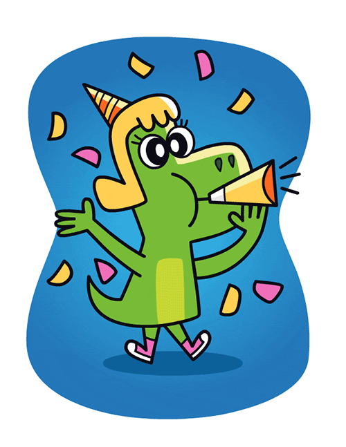 Cartoon gif. A T-rex with blonde hair and eyelashes, wearing a party hat and blowing a horn, confetti dancing around. Text, "Happy new year!"