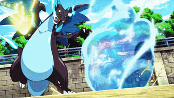 Pokémon gif. Mega Charizard X fighting with Greninja, encircling Greninja with a blue moving forcefield.