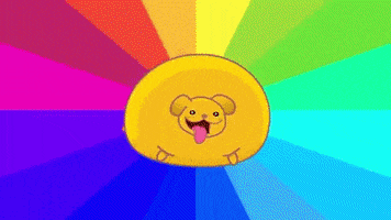 Video gif. Against a twirling rainbow background, a fat yellow dog with tiny legs wiggles back and forth, wagging his tail and panting in happiness.