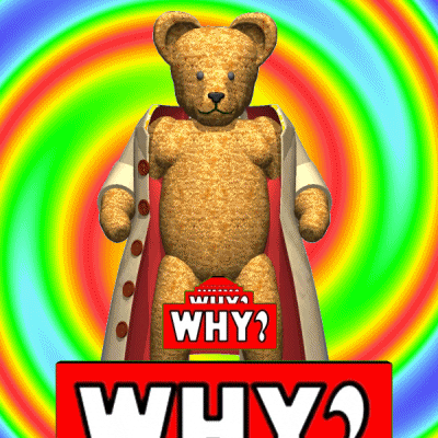 Digital art gif. Rainbow whirls behind an animated teddy bear that opens its trench coat as a stream of red boxes flowing from it read, "Why?"