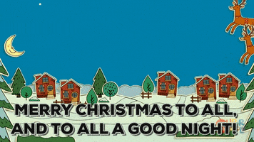 Illustrated gif. Santa waves as his sleigh and eight reindeer float across the sky above cutouts of a village below. Text, "Merry Christmas to all and to all a good night!"