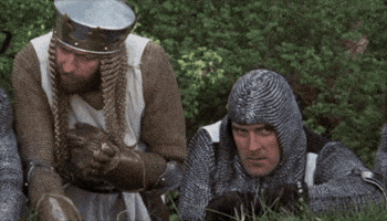 Movie gif. Two knights from Monty Python are hiding behind a bush and simultaneously put their hand over their faces when they hear annoying news.