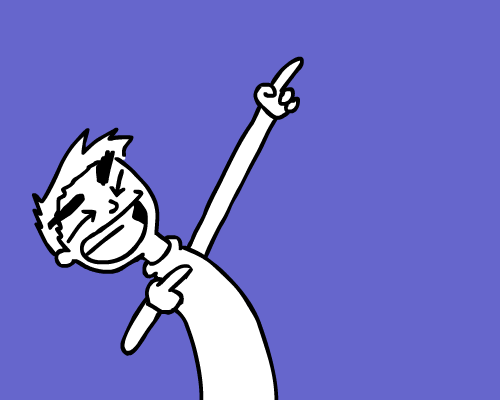 Kreslený pohyblivý obrázek s bílým chlapcem vystřelujícím ruce do vzduchu na fialovém pozadí. 
