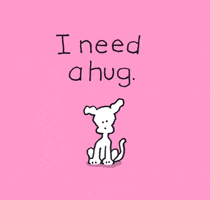 Cartoon gif. Chippy the Dog holds his arms out for a hug. Above him reads the message, “I need a hug.”