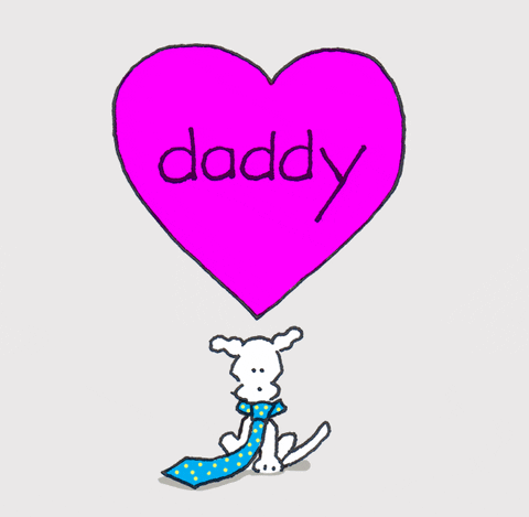 Přání k narozeninám pro tatínka ve formě kresleného gifu s bílým pejskem s kravatou, nad nímž je srdíčko s nápisem "daddy".
