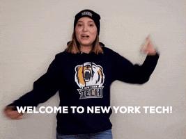Video gif. A woman wearing a matching New York Institute of Technology beany and hoodie holds her arms wide, smiling as she says, "Welcome to New York Tech!"