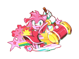 Sponsored sticker gif. Amy Rose, the pink hedgehog from Sonic the Hedgehog, raises a massive mallet over head and smiles. Stars and hearts float around her.