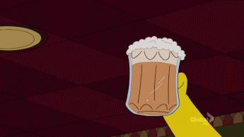 The Simpsons gif. Four frothing beer mugs are raised in a toast as flames erupt above them.