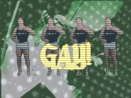 Video gif. Four men jump up, pumping their fist up. Behind them a man stands over another man who is laying on the floor and lifting his head up. White dots move around like lights off of a disco ball. Text, “Gay!” 