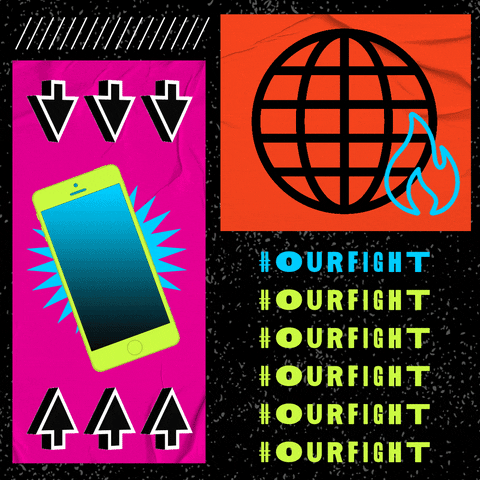 Digital art gif. Blue flame dances in front of a globe icon next to a spinning cell phone surrounded by arrows. Flashing text, “#OURFIGHT, #OURFIGHT, #OURFIGHT, #OURFIGHT, #OURFIGHT, #OURFIGHT.”