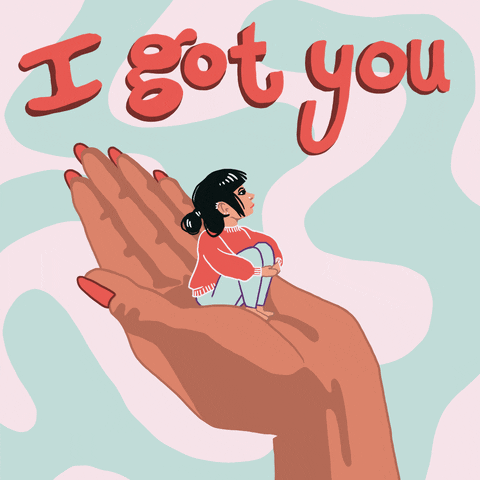Text gif. Young woman wearing a sweater and a messy bun cradled in an oversized woman's hand under the text "I got you" against a wavy white and green background.
