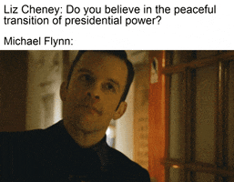 Video gif. Caption reads, “Liz Cheney: Do you believe in the peaceful transition of presidential power? Michael Flynn” Below, a man motions toward his lips as if he is zipping them shut, then throws away the key.