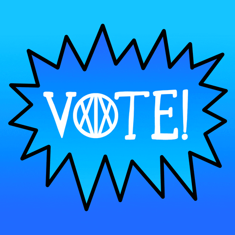 Digital art gif. Blue shouting speech bubble dances against a blue background. Text, “VOTE!” features an “XIX” inside of the “O” in VOTE.