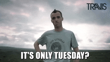 Celebrity gif. Slow zoom in on Fran Healy wearing a gray t-shirt, standing alone on an empty plain. He gives us a cold, unhappy stare. Text, "It's only Tuesday?"