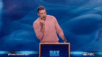 TV gif. In a clip from Family Game Fight, we see a shocked Dax Shepard standing behind a podium with his name on it, and he clutches his head as he turns away.