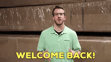 Ad gif. Max Glassburg leans forward with his hands out and smiles, saying, "Welcome back!" which appears as text.