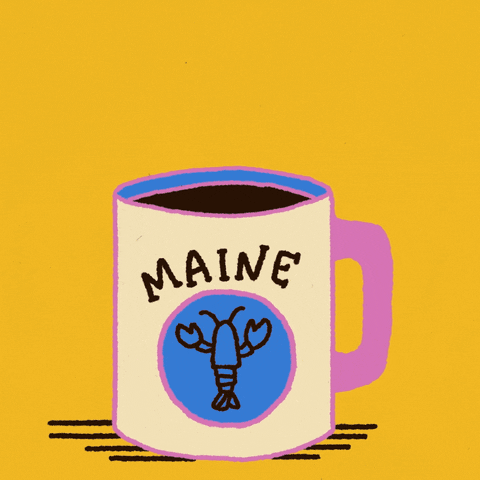 Digital art gif. White and pink mug full of coffee featuring a lobster labeled “Maine” rests over a yellow background. Steam rising from the mug reveals the message, “Vote early.”