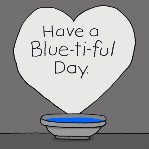 Kreslená animace se skákajícím bílým pejskem do modré barvy, dělajícím otisk na srdce s nápisem "Have a Blue-ti-ful Day". 