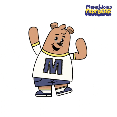 Cartoon gif. Max Bear from Meme World of Max Bear smiles while dancing in place, tapping his feet and pumping his arms.