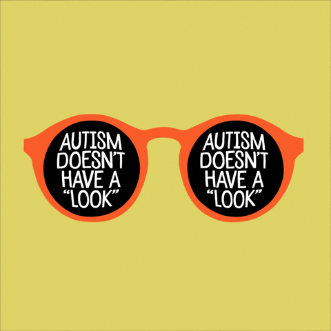Digital art gif. Inside an illustration of a pair of orange sunglasses, white text reads, "Autism doesn't have a look" on both lenses, everything against a yellow background.