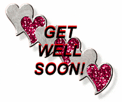 Text gif. Black text highlighted in red reads "Get well soon!" over a background of silver and pink-sparkling hearts.