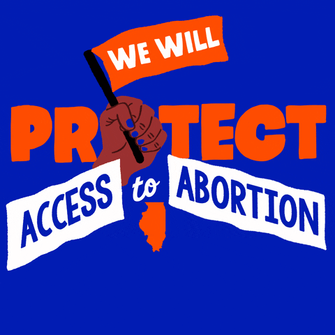 Text gif. Brown hand with blue fingernails against bright blue background waves an orange flag up and down that reads, “We will,” followed by the text, “Protect access to abortion. Illinois.”