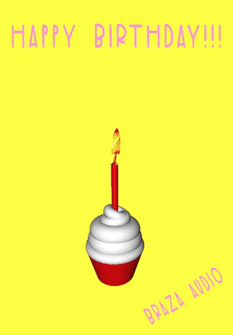 Digital art gif. Pink colored bear explodes from a candle on a cupcake. Text reads, "Happy Birthday!!!"