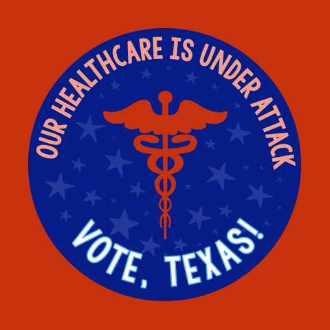 Digital art gif. Blue circular sticker against a red background features a red medical symbol of a staff entwined by two serpents, topped with flapping wings and surrounded by light blue dancing stars. Text, “Our healthcare is under attack. Vote, Texas!”