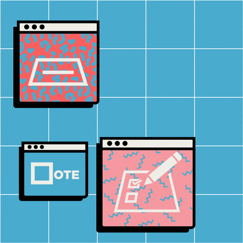 Digital art gif. Several voting-related desktop windows appear against a blue grid background. One shows a ballot going into a box, another a checkmark that becomes the “V” of Vote, and a pink ballot icon. A notification pops up in the center that says “Check your voter registration,” as a mouse arrow enters and clicks the “OK” button. Another notification pops up that says “Loading” with a white bar that begins to turn pink.