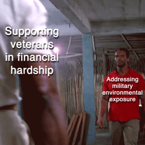 Movie gif. Arnold Schwarzenegger as Dutch in Predator is superimposed with text that reads, "Addressing military environmental exposure." From behind us Carl Weathers as Dillon approaches with superimposed text that reads, "Supporting veterans in financial hardship." They clasp hands in a UAMC handshake beneath text that reads, "Honoring those who have worn the uniform."