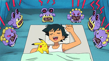 Pokémon gif. Ash Ketchum and Pikachu sleep unbothered by six Loudred themed alarm clocks ringing around them.